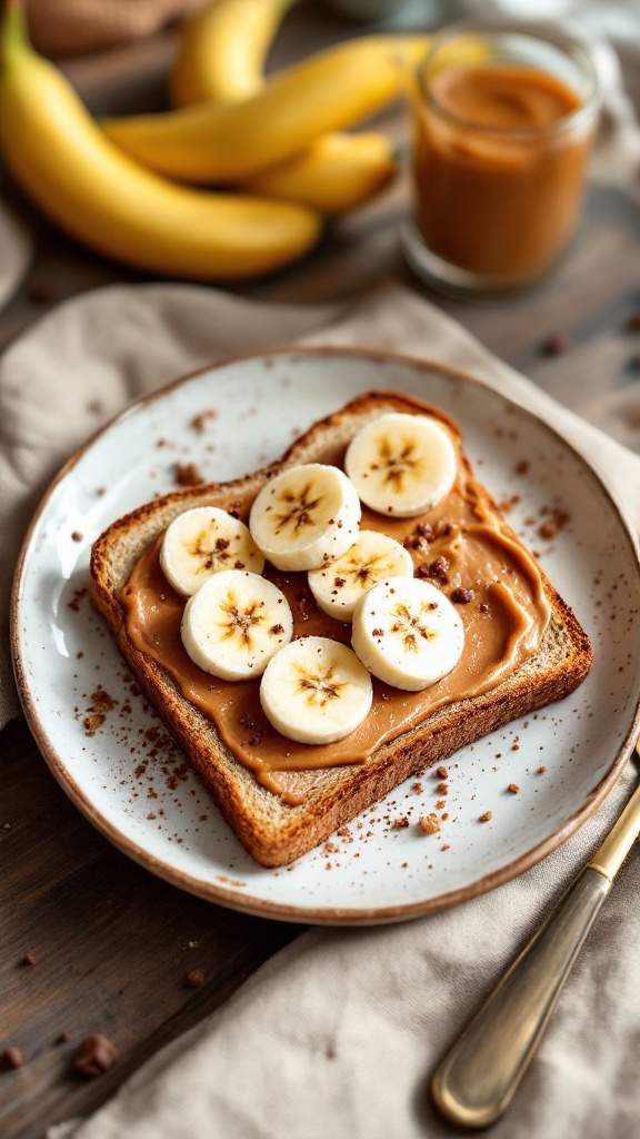 Peanut butter and banana toast is a quick and tasty snack. Just spread some creamy peanut butter on your favorite bread and top it with banana slices. It's perfect for a boost of energy any time of the day!