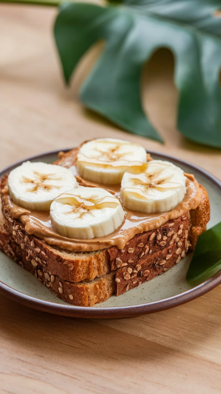 A plate of peanut butter banana toast with slices of banana on top.