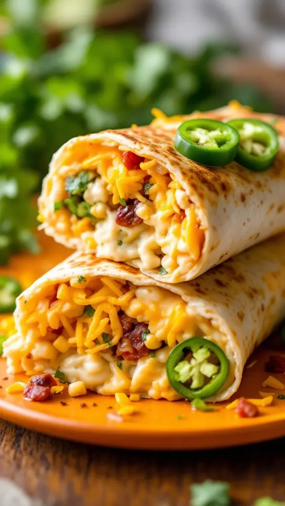 A close-up of a Pepper Jack Cheese and Jalapeño Burrito, sliced to show the filling, sitting on an orange plate.