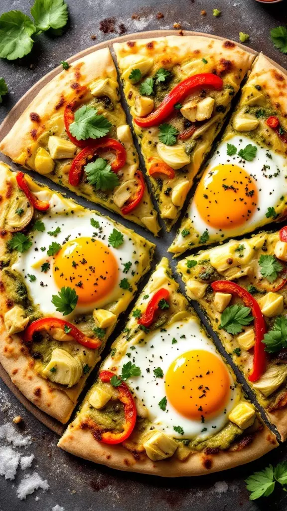 This pesto veggie breakfast pizza is a fun twist on your morning meal! With vibrant toppings like artichokes, red peppers, and sunny-side-up eggs, it’s not only tasty but also colorful. Enjoy a slice for a quick breakfast that feels special every time!