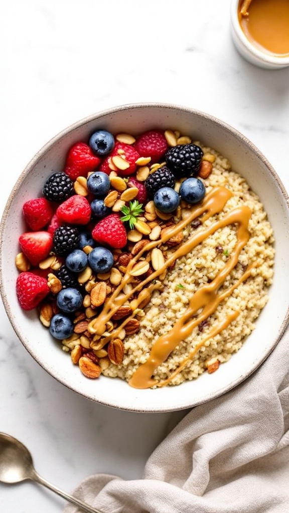 A delicious quinoa breakfast bowl topped with berries, nuts, and nut butter.