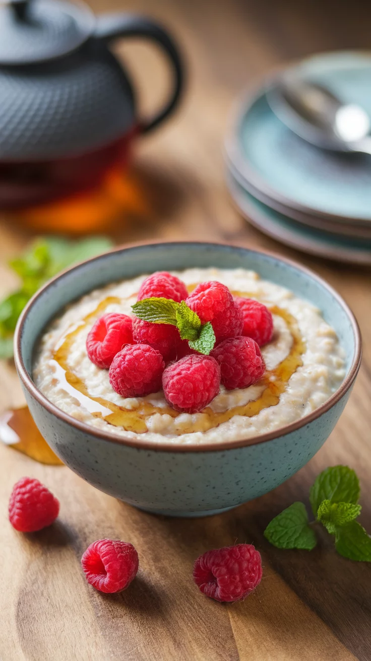 A bowl of raspberry oatmeal topped with fresh raspberries and a drizzle of honey, with mint leaves for garnish.