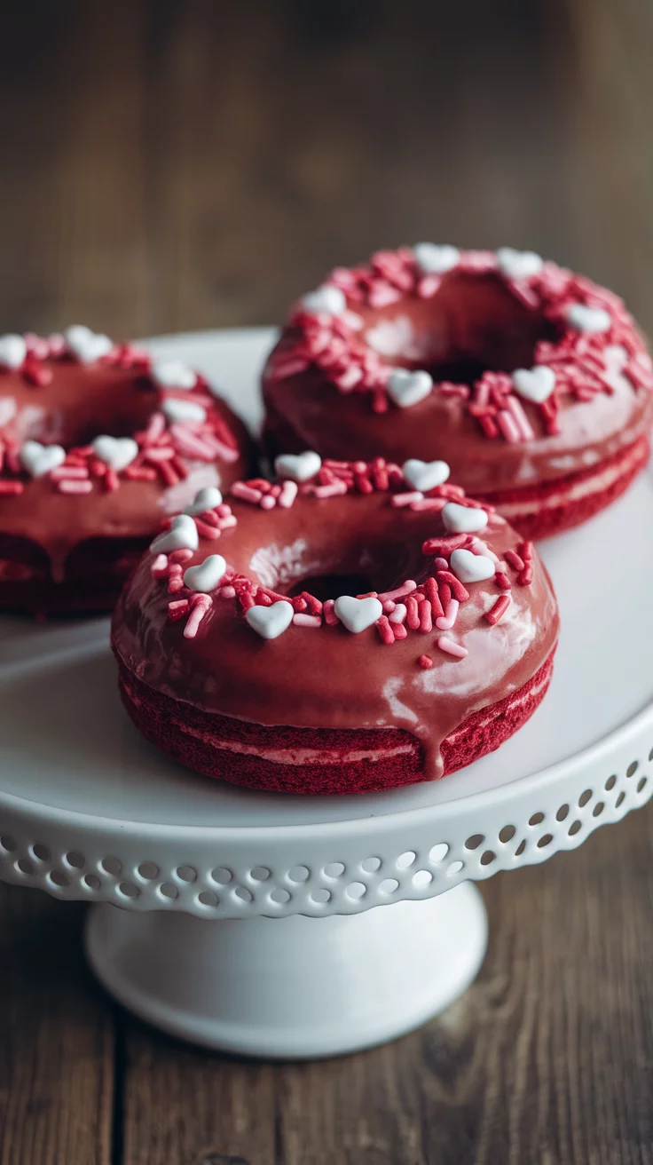 Red velvet donuts bring a celebratory twist to your dessert table. With their rich color and sweet toppings, they are perfect for your Valentine's Day celebration.