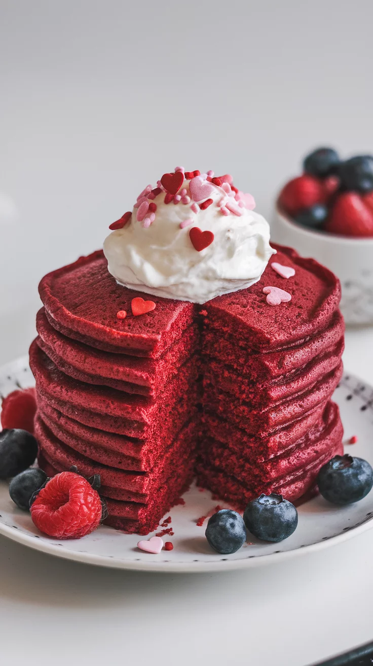 A stack of red velvet pancakes topped with whipped cream and heart-shaped sprinkles.