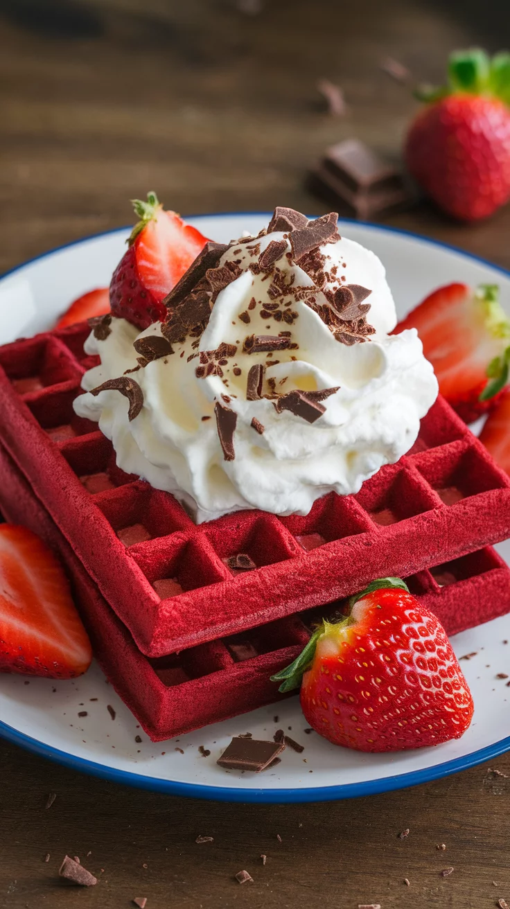 Delicious red velvet waffles topped with whipped cream and strawberries.