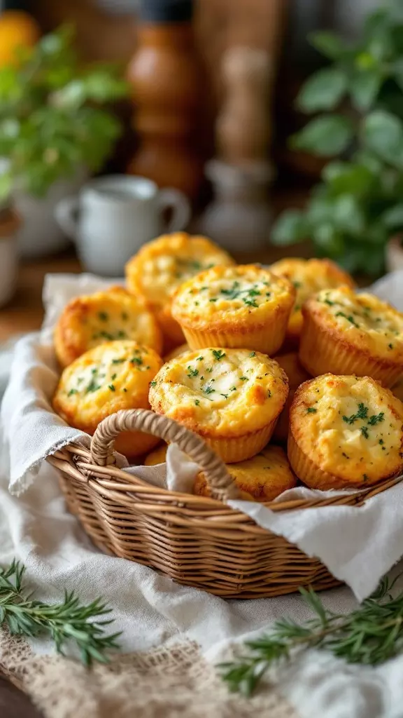 A basket of freshly baked savory breakfast muffins topped with herbs.