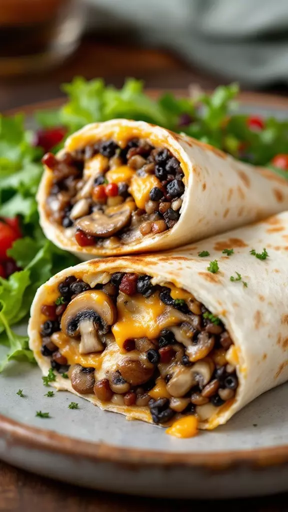 A close-up of a savory mushroom and cheese burrito cut in half, revealing a cheesy filling of mushrooms and black beans, served on a plate with a side of salad.