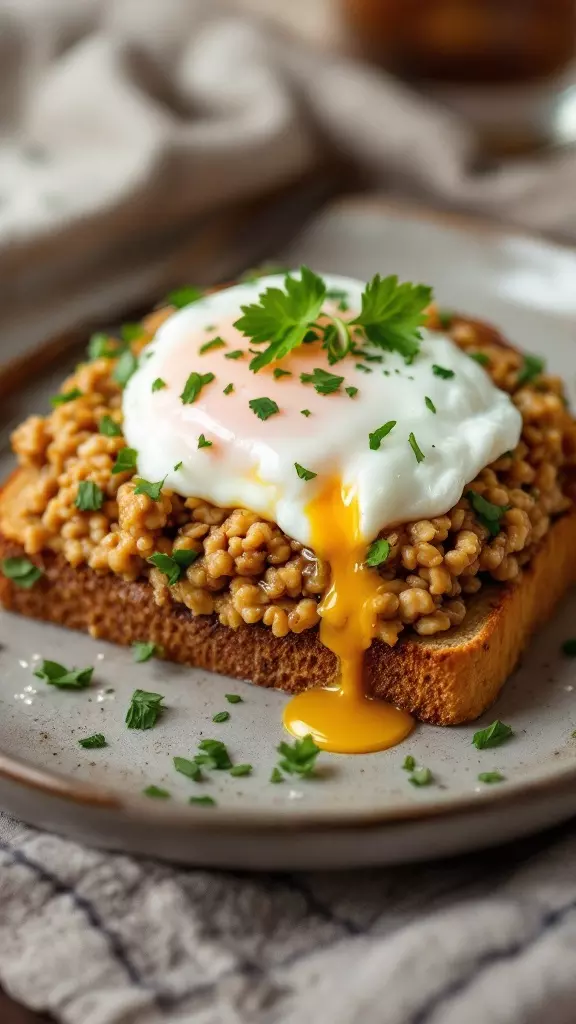 This savory oatmeal egg sandwich is a warm and hearty treat. The creamy poached egg on top adds a lovely richness to the nutty oatmeal. It's simple to make and perfect for a cozy breakfast or brunch.