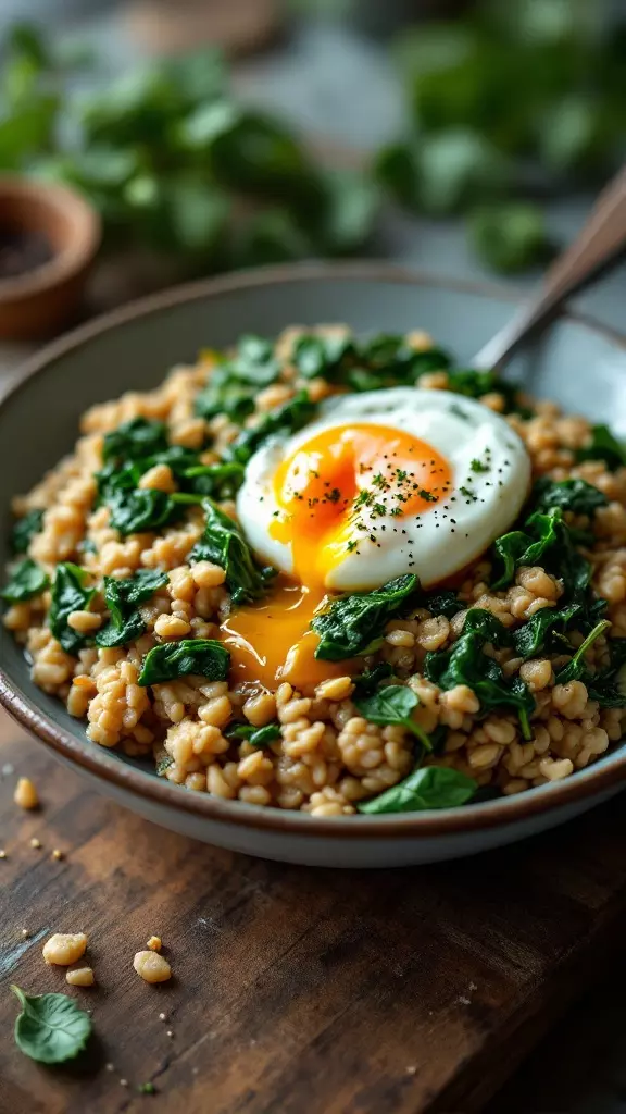 A bowl of savory oatmeal topped with spinach and a poached egg.