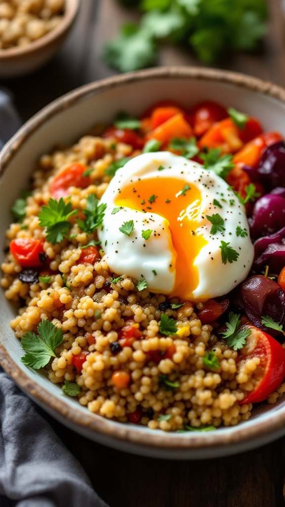 This savory quinoa breakfast bowl is a fantastic way to start your day. With its warm flavors and vibrant colors, it’s both satisfying and nutritious. Top it off with a perfectly poached egg for a delicious touch!