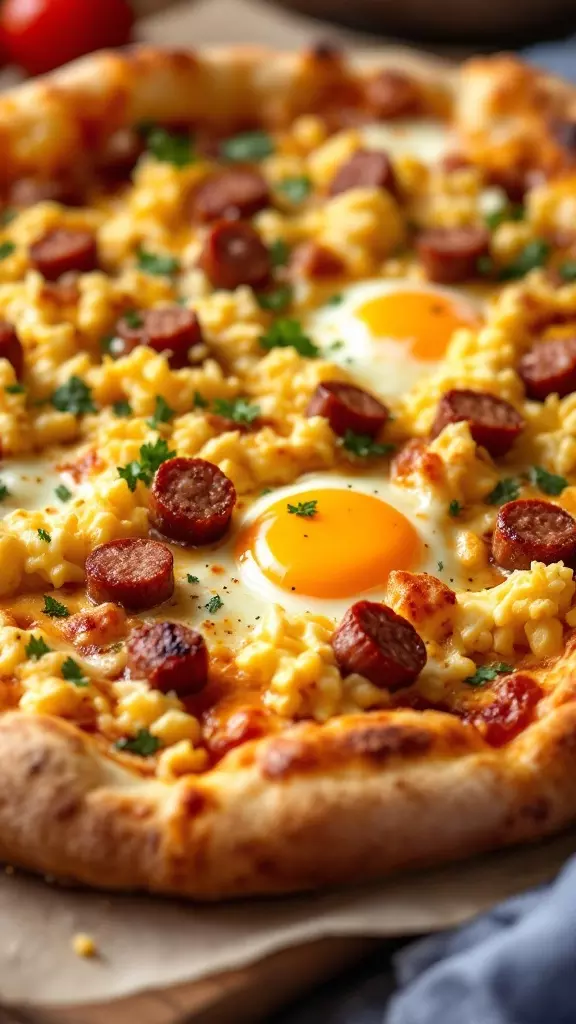 Start your day with a slice of this tasty sausage and egg breakfast pizza. The crispy crust pairs perfectly with cheesy goodness and flavorful sausage, while the runny eggs add a delightful touch. It's an easy and satisfying way to fuel your morning!