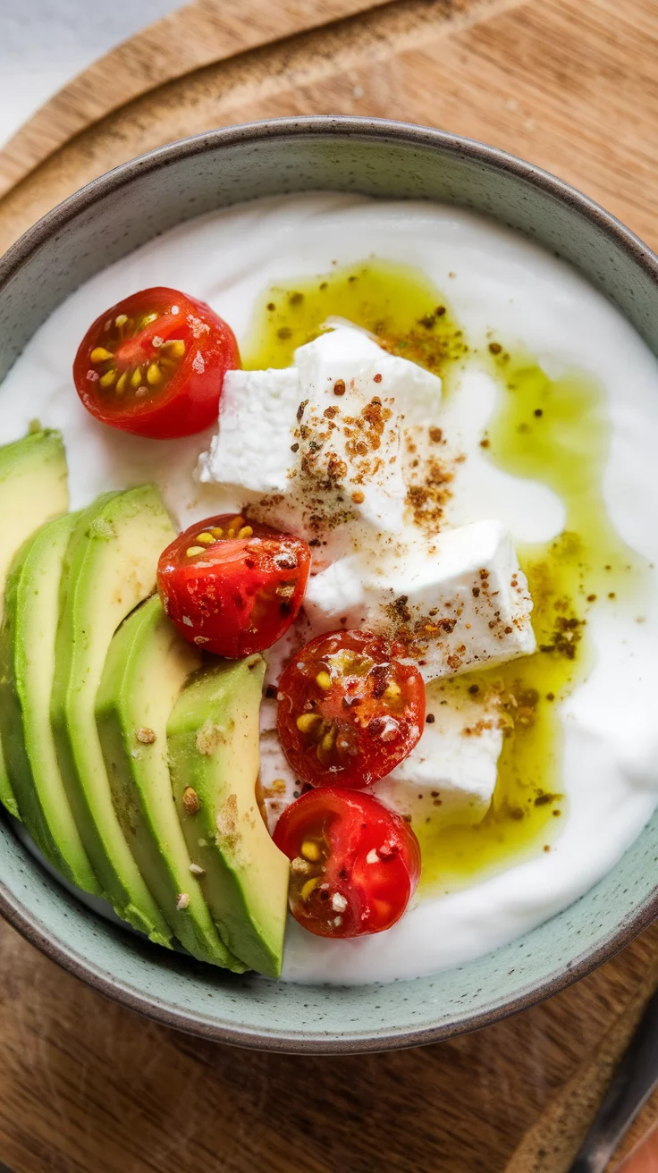 This savory yogurt bowl is a delightful twist on the classic breakfast idea. Combining creamy yogurt with ripe avocado and tangy feta cheese creates a satisfying dish that's both healthy and delicious. The crunch of fresh tomatoes adds a burst of flavor, while a drizzle of olive oil ties everything together beautifully.