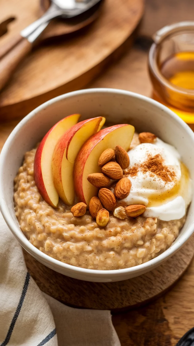 A bowl of apple cinnamon oatmeal topped with sliced apples, almonds, yogurt, and cinnamon. Slow Cooker Breakfast Recipes, Crockpot Breakfast Recipes, Slow Cooker Breakfast Ideas, Comforting Slow Cooker Breakfast Recipes