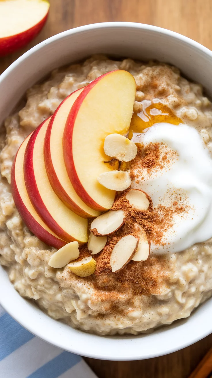 Bowl of apple oatmeal topped with sliced apples, almonds, and yogurt. Slow Cooker Breakfast Recipes, Crockpot Breakfast Recipes, Slow Cooker Breakfast Ideas, Comforting Slow Cooker Breakfast Recipes