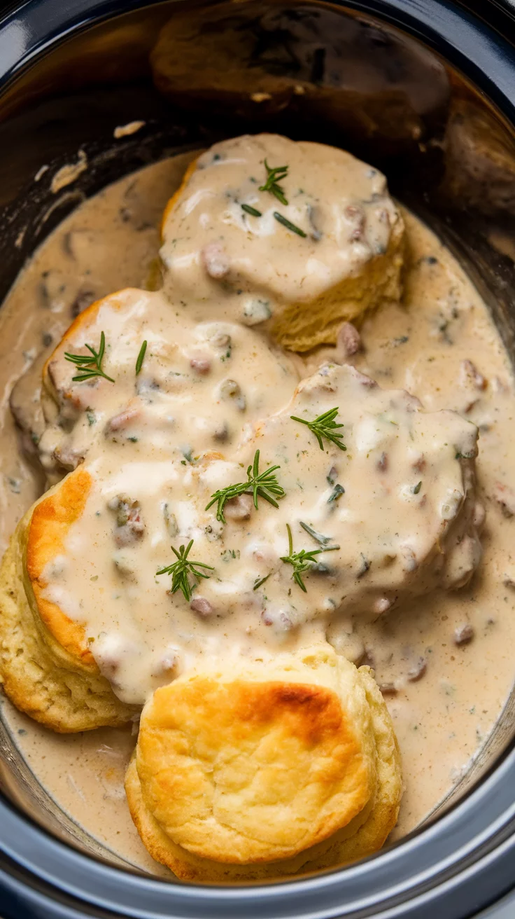 A delicious serving of biscuits topped with creamy sausage gravy in a slow cooker. Slow Cooker Breakfast Recipes, Crockpot Breakfast Recipes, Slow Cooker Breakfast Ideas, Comforting Slow Cooker Breakfast Recipes