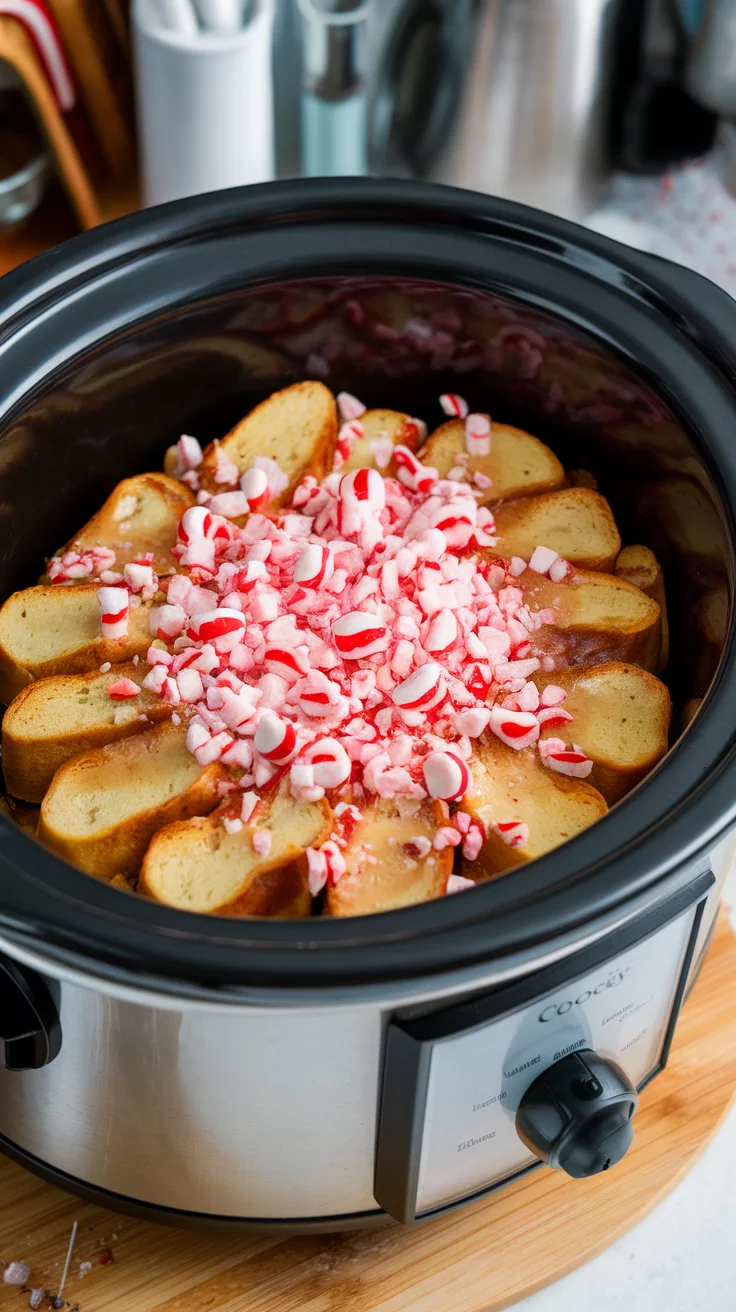 Slow Cooker Candy Cane French Toast with candy canes on top Slow Cooker Breakfast Recipes, Crockpot Breakfast Recipes, Slow Cooker Breakfast Ideas, Comforting Slow Cooker Breakfast Recipes