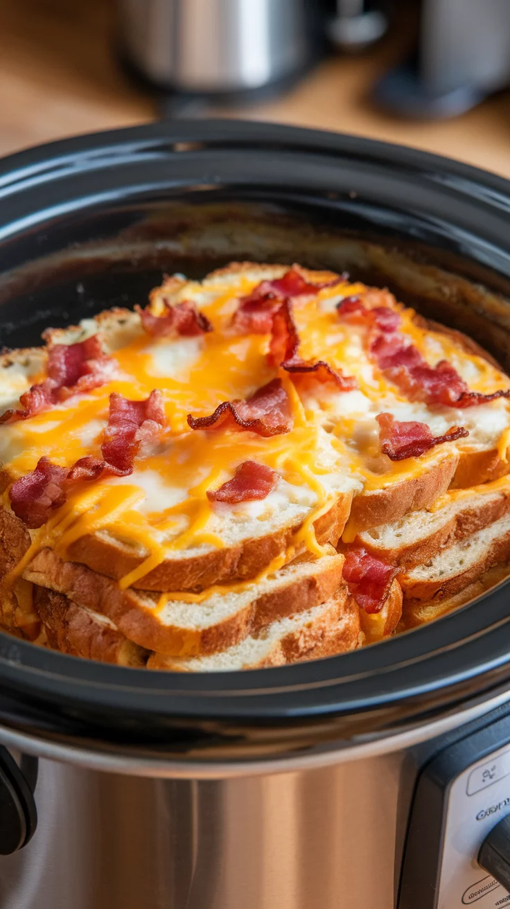 Slow cooker filled with cheesy bacon strata, featuring layers of bread and melted cheese. Slow Cooker Breakfast Recipes, Crockpot Breakfast Recipes, Slow Cooker Breakfast Ideas, Comforting Slow Cooker Breakfast Recipes