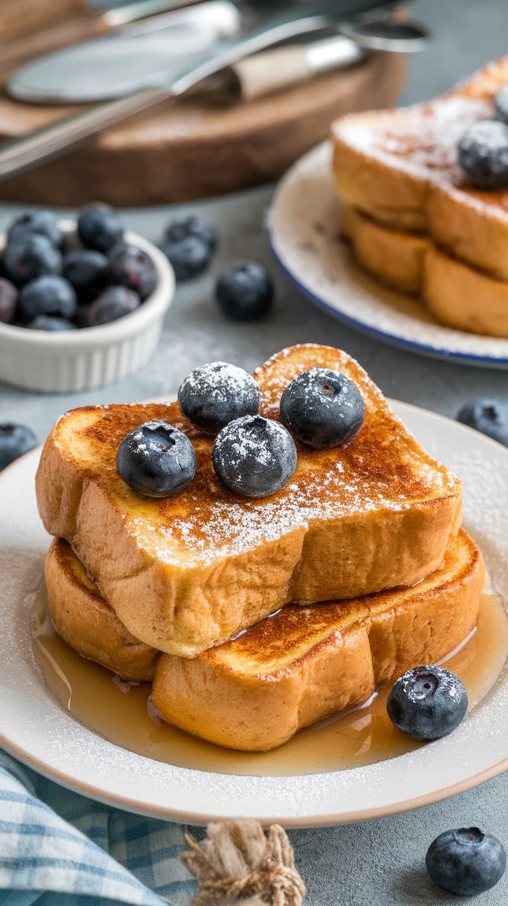 A delicious plate of French toast casserole topped with blueberries and powdered sugar.