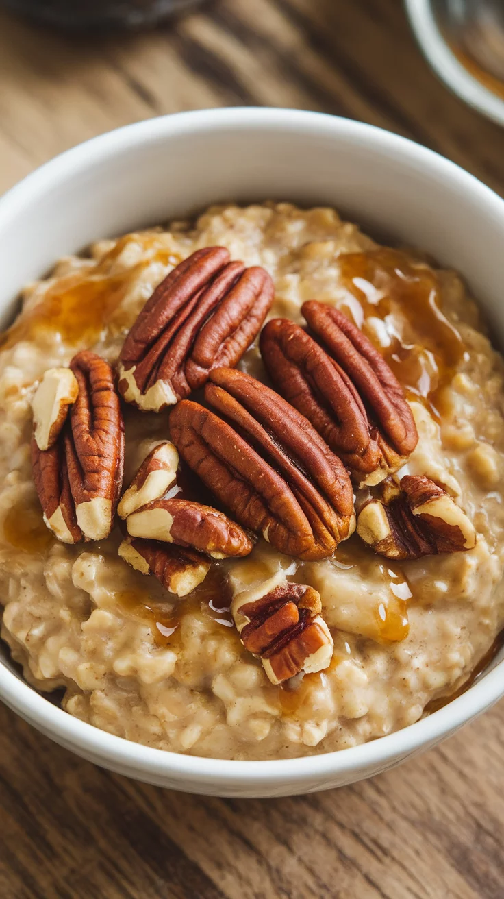 A bowl of oatmeal topped with pecans and syrup. Slow Cooker Breakfast Recipes, Crockpot Breakfast Recipes, Slow Cooker Breakfast Ideas, Comforting Slow Cooker Breakfast Recipes