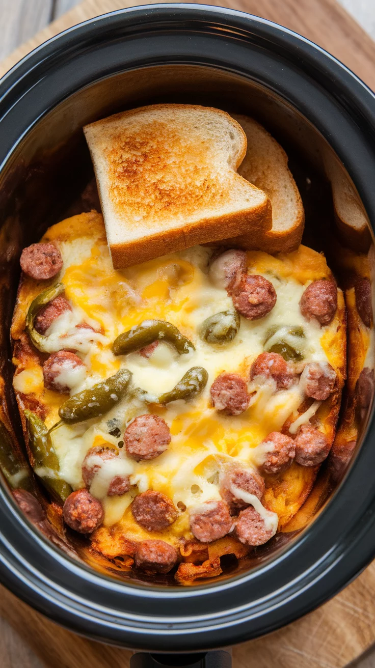 A delicious Slow Cooker Sausage Green Chile Breakfast Casserole with toasted bread on top. Slow Cooker Breakfast Recipes, Crockpot Breakfast Recipes, Slow Cooker Breakfast Ideas, Comforting Slow Cooker Breakfast Recipes