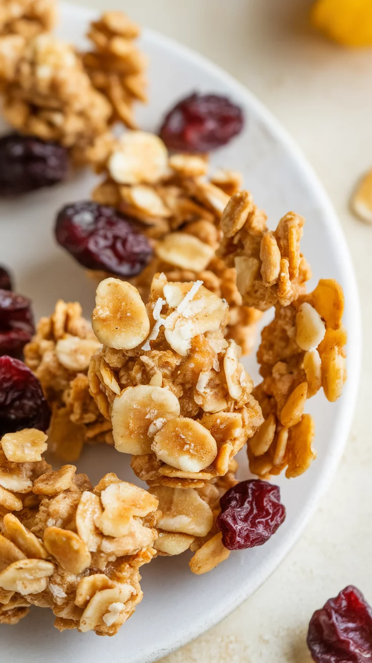 A close-up of homemade granola clusters with oats, coconut, and dried cranberries on a plate. Slow Cooker Breakfast Recipes, Crockpot Breakfast Recipes, Slow Cooker Breakfast Ideas, Comforting Slow Cooker Breakfast Recipes