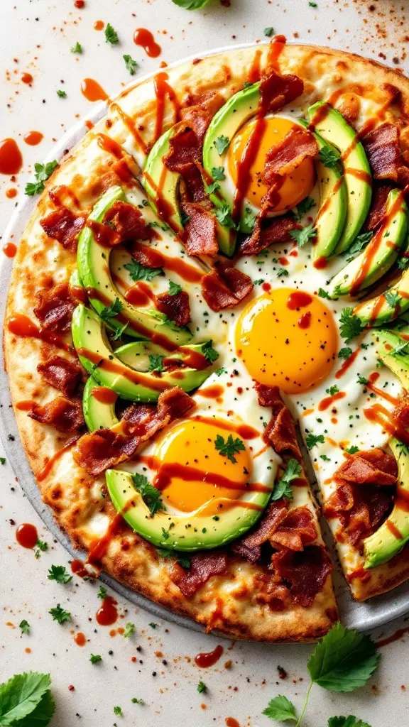 Say hello to a breakfast pizza that brings all the right flavors together! Smoky bacon and creamy avocado create a perfect match, topped with a sunny side up egg for that extra touch of yum. Drizzle on some hot sauce, and you’re in for a tasty treat that’s hard to beat!