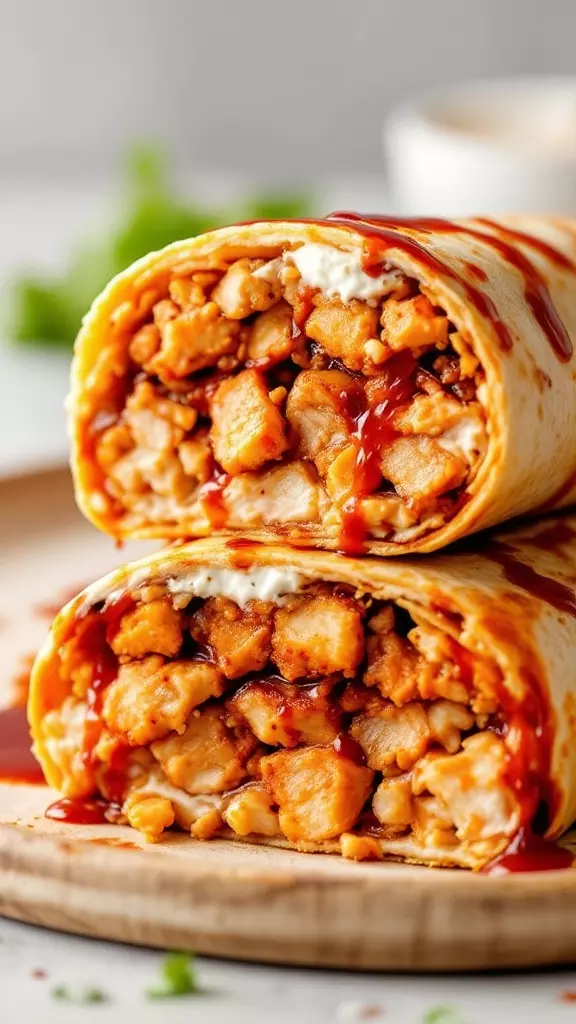 A close-up of a smoky BBQ chicken breakfast burrito, showing the filling and sauce.