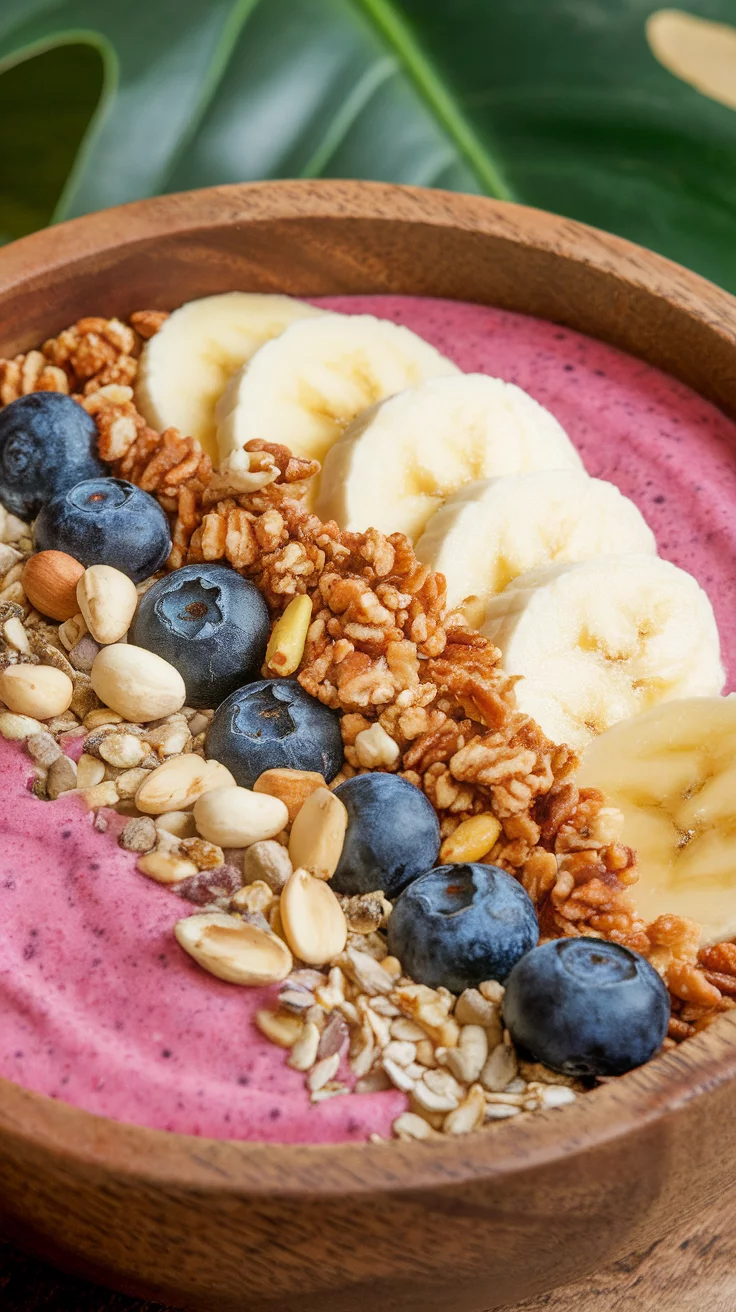 A colorful smoothie bowl topped with bananas, blueberries, and granola.