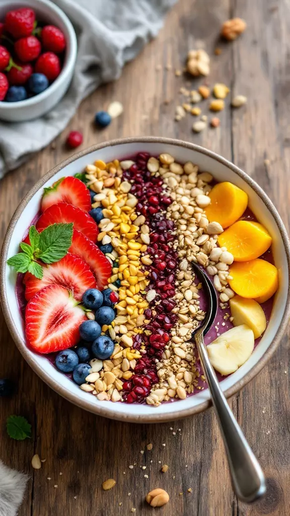 A vibrant smoothie bowl topped with strawberries, blueberries, pomegranate, mango, and granola.