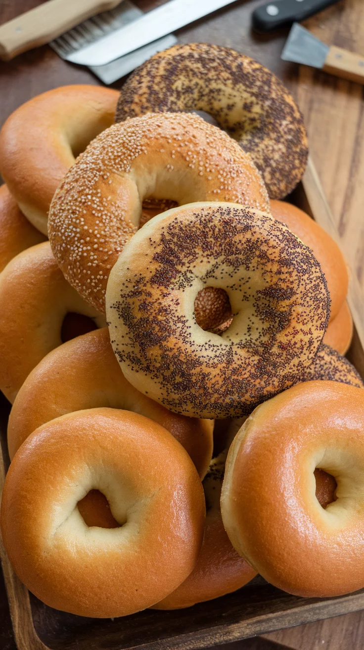 A variety of freshly baked sourdough bagels on a wooden tray.