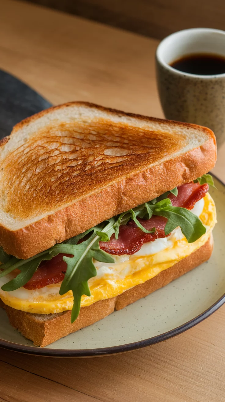 A delicious sourdough bread breakfast sandwich with eggs, bacon, and arugula on a plate next to a cup of coffee.