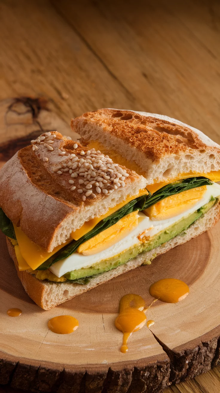 A close-up view of a sliced sourdough breakfast sandwich with eggs, cheese, and spinach on a wooden table.