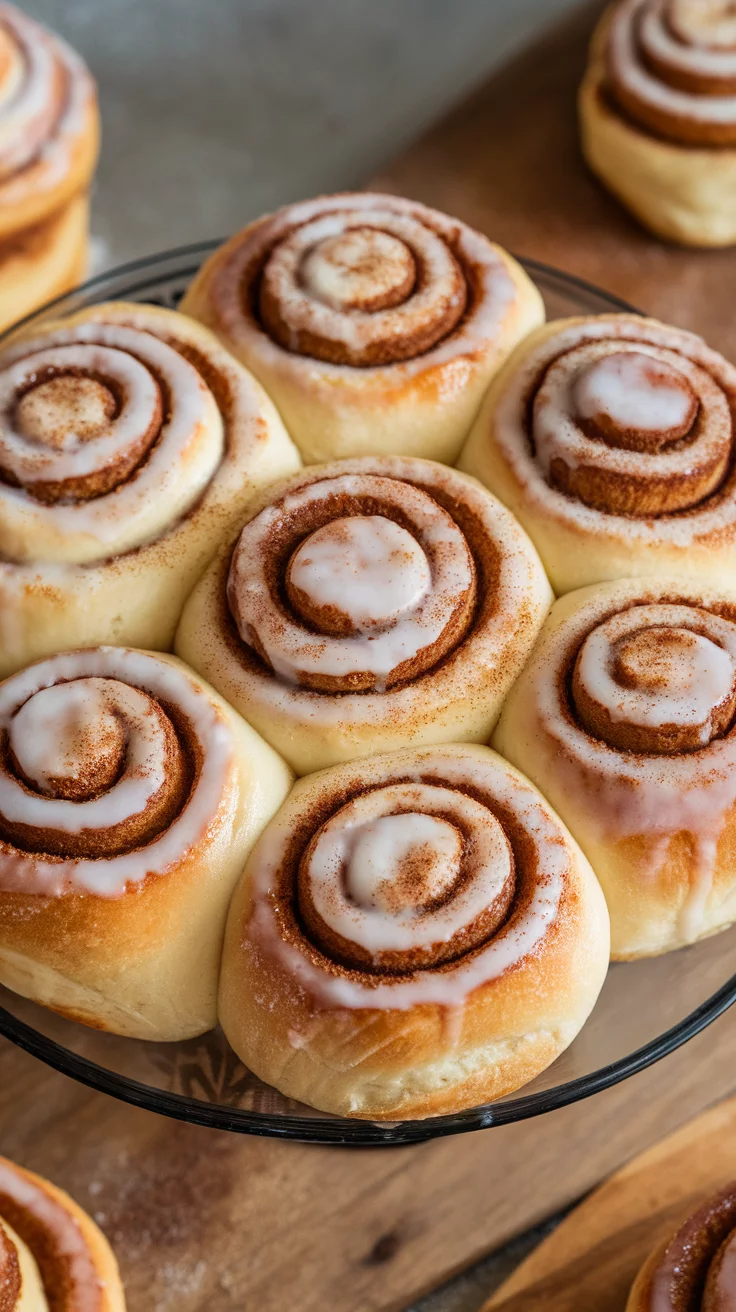 Close-up of freshly baked sourdough brioche cinnamon rolls with icing.