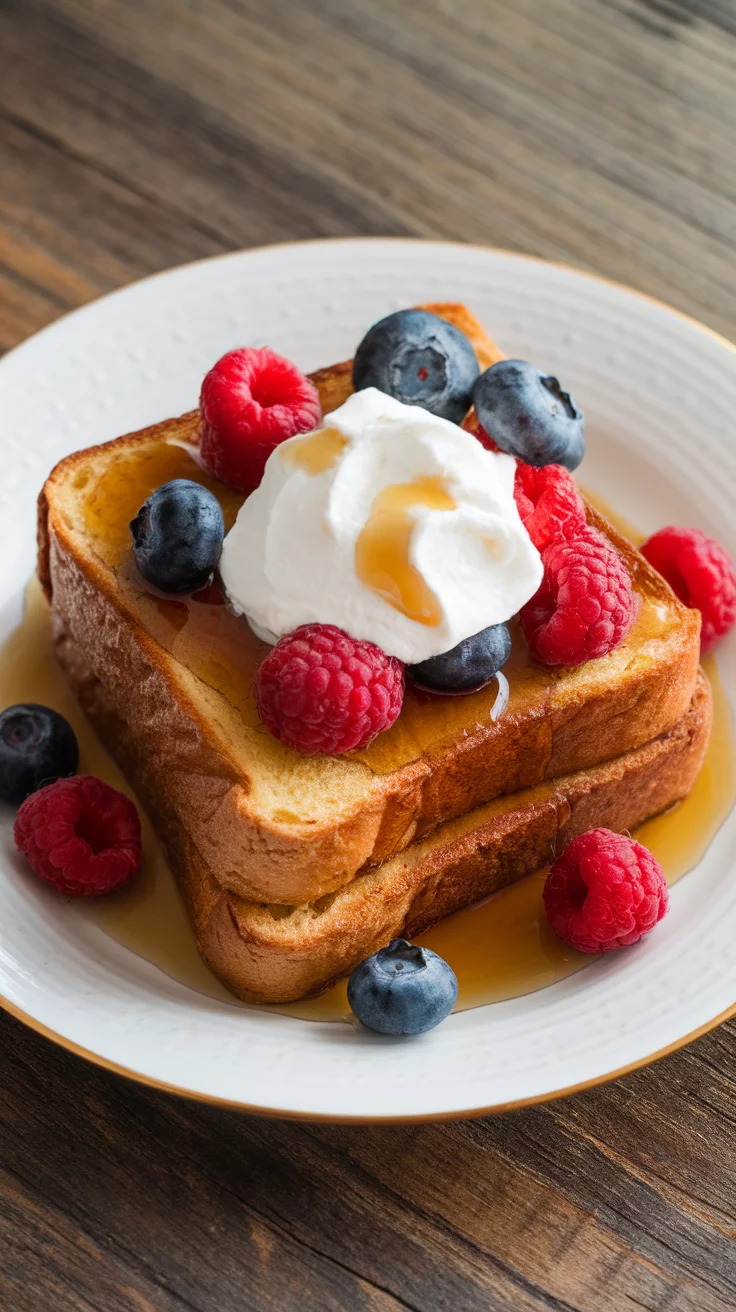 Delicious sourdough French toast topped with berries and whipped cream