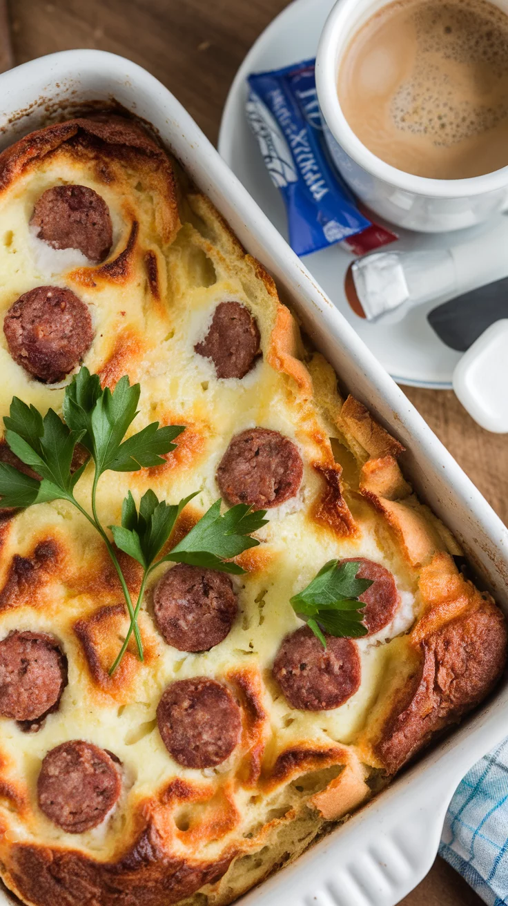 A baked dish of Sourdough Sausage Strata topped with sausage slices and fresh parsley, served with coffee.