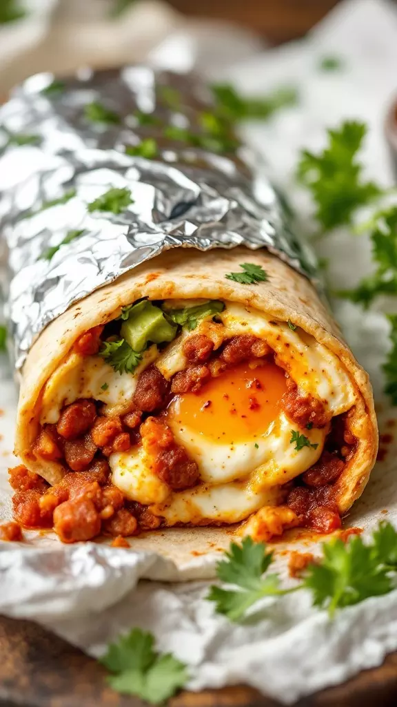 A close-up of a spicy chorizo and egg burrito wrapped in foil, showing the yolk and filling.