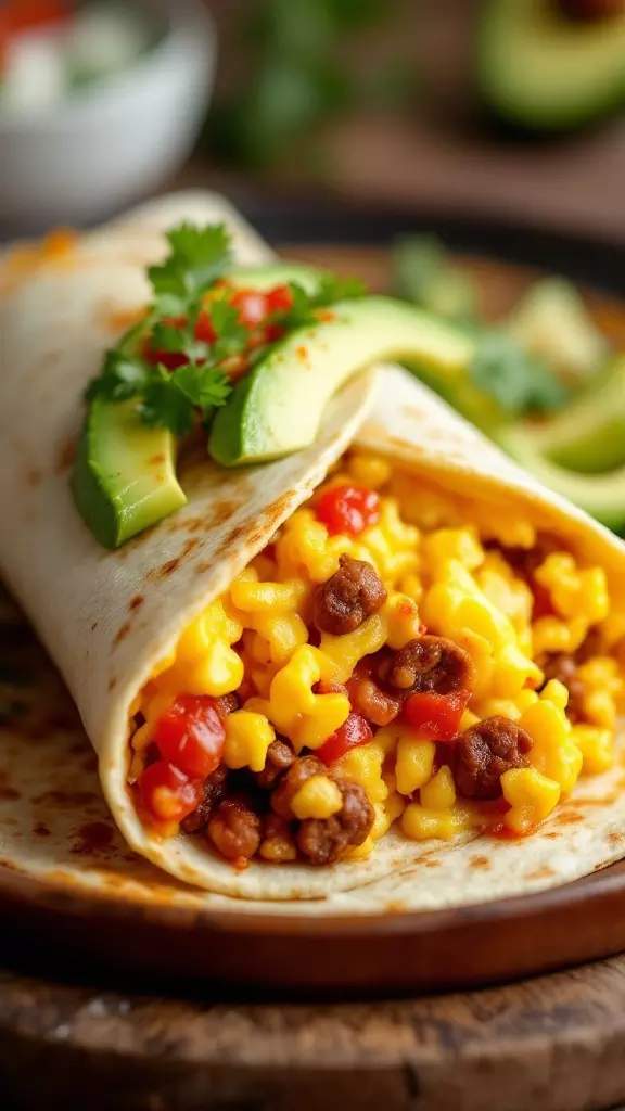 Start your day with a tasty spicy chorizo and egg wrap. This delightful combo packs a punch with flavorful chorizo and creamy eggs, all wrapped in a warm tortilla. Top it off with fresh avocado and cilantro for a bright finish!