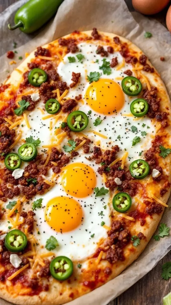 Get ready for a flavor-packed treat! This spicy chorizo and pepper jack pizza is topped with perfectly cooked eggs and fresh jalapeños for that extra kick. It's a fun twist on your classic pizza that's sure to satisfy your cravings.