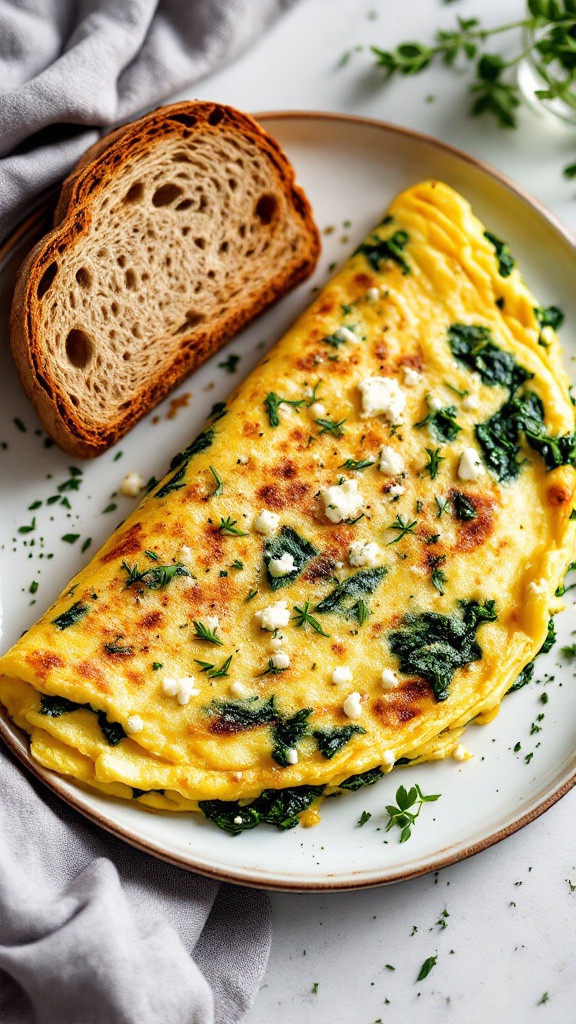 This spinach and feta omelette is a delightful way to start your day. The creamy feta and fresh spinach blend perfectly with fluffy eggs for a tasty treat. Pair it with a slice of bread, and you have a simple yet satisfying meal!