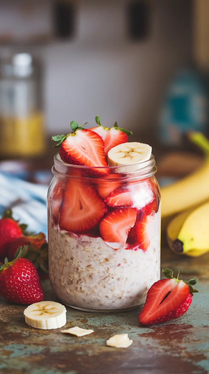 A jar filled with strawberry banana overnight oats topped with fresh strawberries and banana slices.