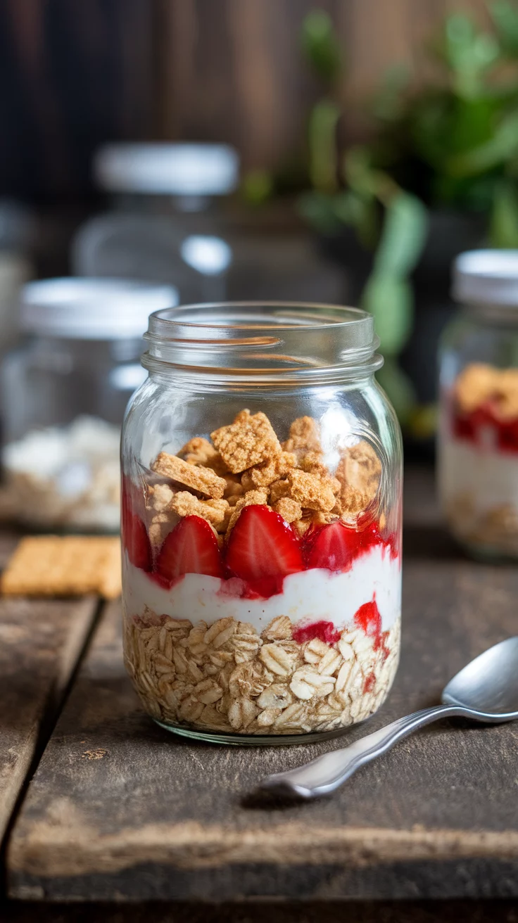 Strawberry cheesecake overnight oats are a fun and tasty breakfast option. Start with layers of creamy yogurt, fresh strawberries, and crunchy graham crackers. For the full recipe, check out this link and enjoy a sweet start to your day!