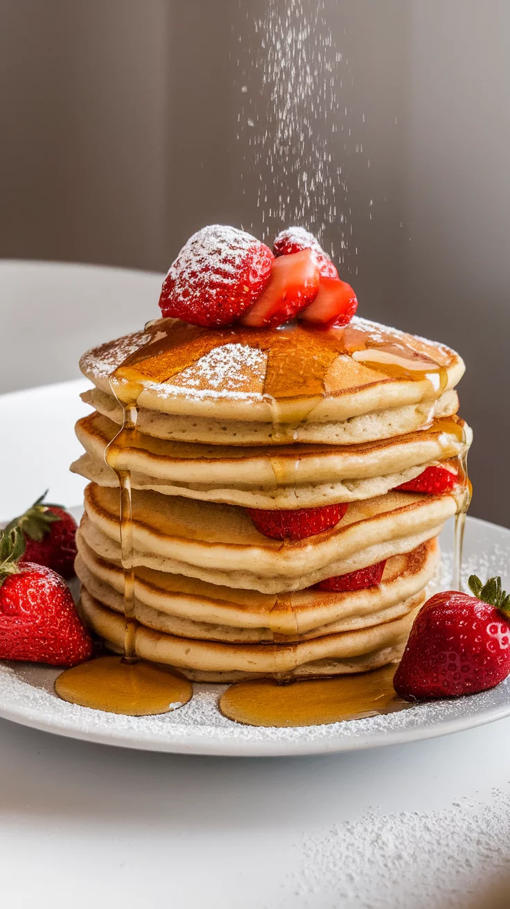 A stack of strawberry stuffed sourdough pancakes topped with strawberries and syrup.