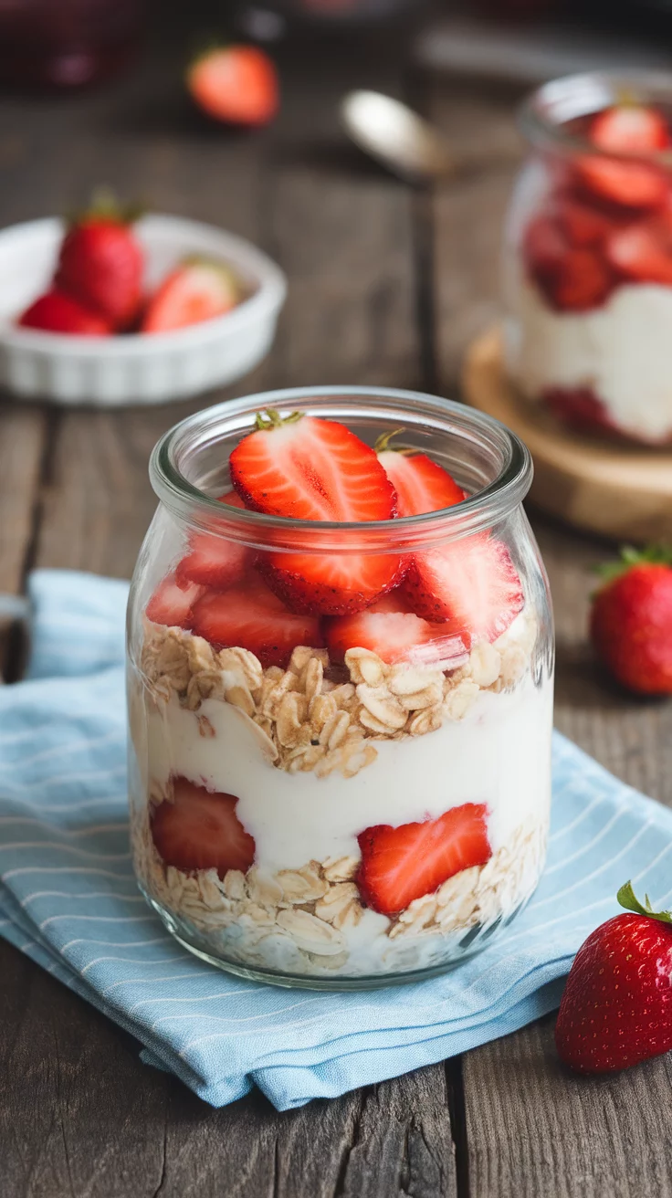 Start your day right with these Strawberry Vanilla Overnight Oats! Simple to make, just layer oats, yogurt, and fresh strawberries in a jar for a delicious breakfast. For the full recipe, check out this link and enjoy a tasty morning treat!