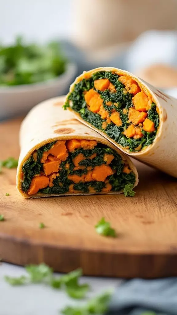 A close-up of a sweet potato and kale breakfast burrito cut in half, showcasing its vibrant filling.