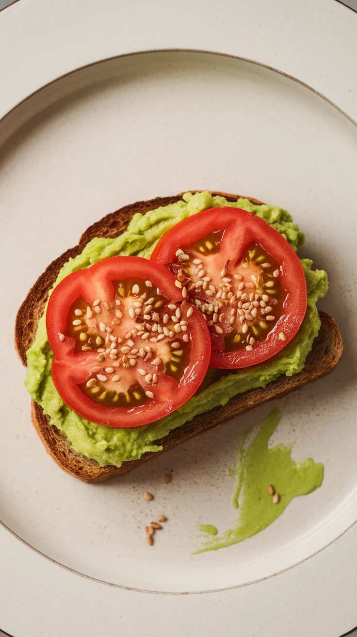 A plate with a slice of bread topped with mashed avocado and sliced tomatoes.