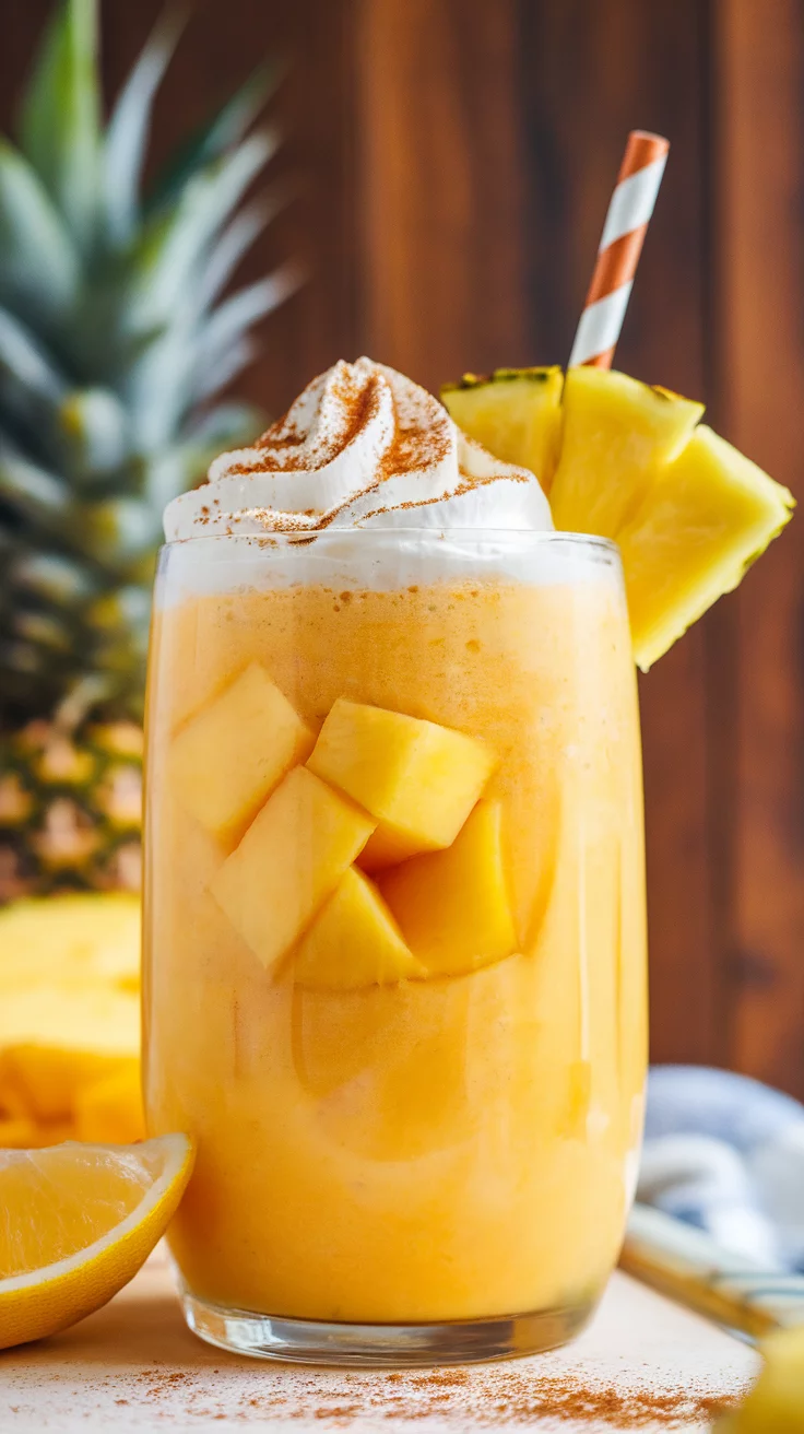 The Tropical Mango Pineapple Smoothie is a fruity delight that brightens your morning. With sweet mangoes and tangy pineapples, it’s like a vacation in a glass. Top it off with whipped cream for a little extra fun!