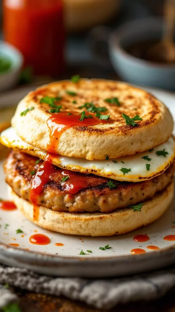 This turkey sausage and egg muffin is a tasty way to kickstart your day. With savory sausage, a perfectly cooked egg, and a touch of hot sauce, it’s both satisfying and delicious. It's a quick meal you can enjoy at home or on the go!