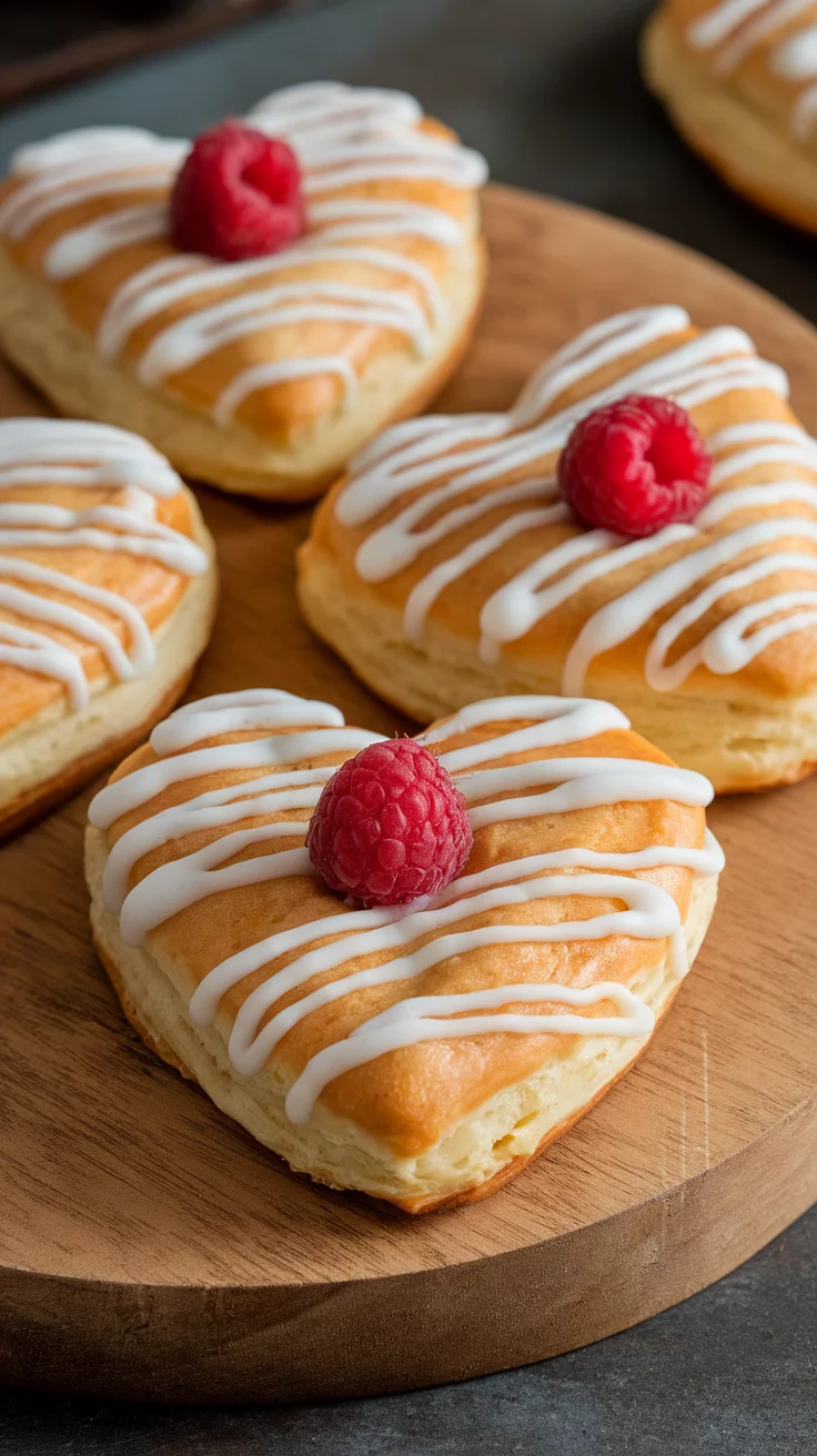 Heart-shaped Raspberry Cream Cheese Danish on a wooden platter