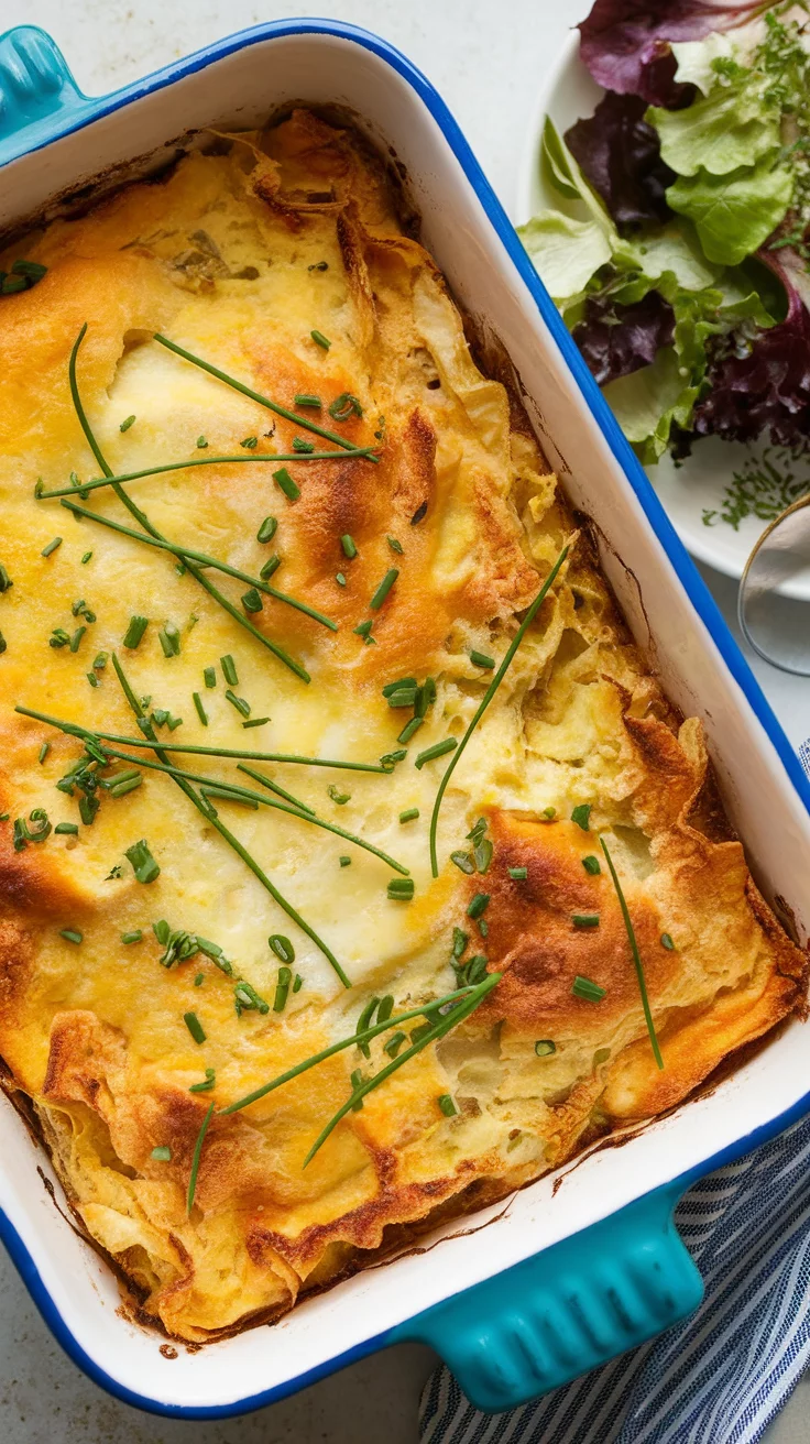 A delicious Vegan Just Egg Breakfast Casserole topped with chives, served with a side salad.