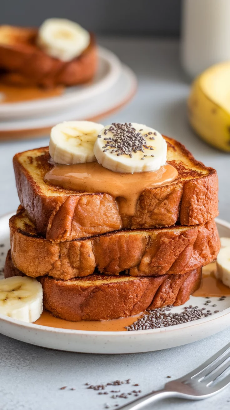 Delicious stack of Vegan Protein French Toast topped with banana slices and nut butter.